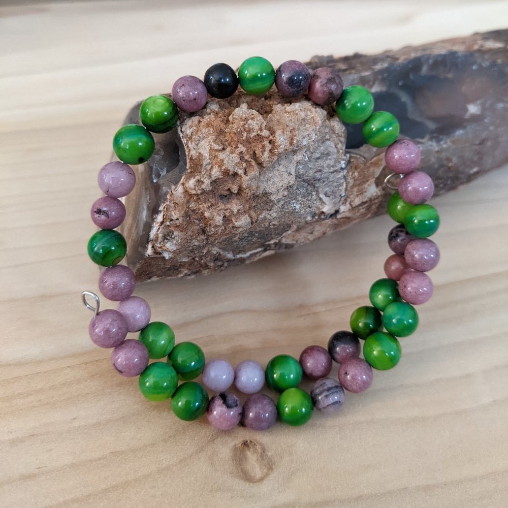 Natural Rhodonite Stone and Green Shell Bracelet